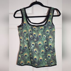 Linda Segal Vintage Peacock Feather Print Women's Sleeveless Top XS
